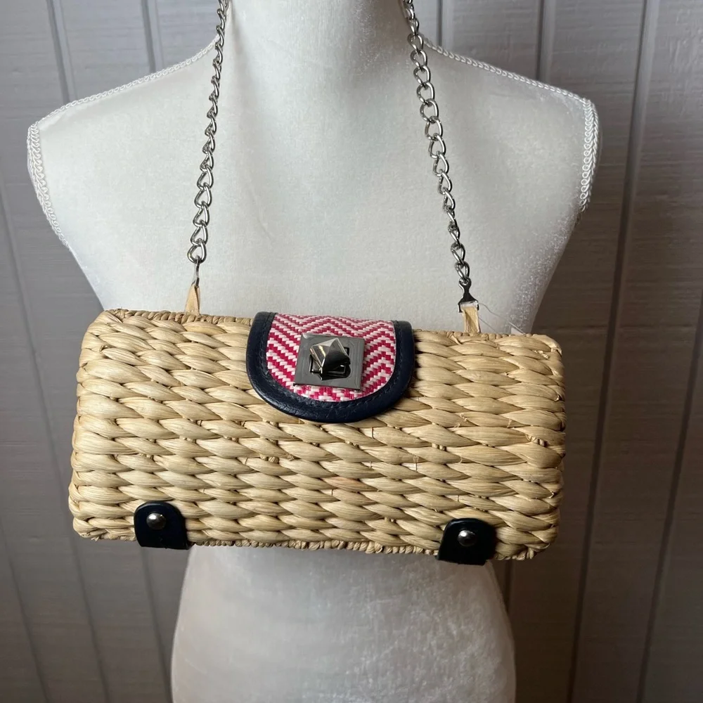 Straw studios weaved Ratan Shoulder Bag purse chain strap Pink , Tan , Navy NWT - Picture 1 of 10